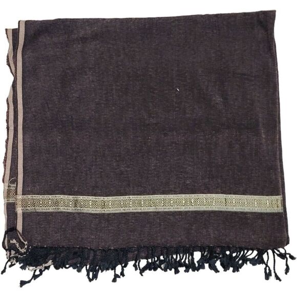 New Hand Wowen Chocolate Brown Fringed Shawl Throw With Gold Trim 49" x 88" - Picture 1 of 7